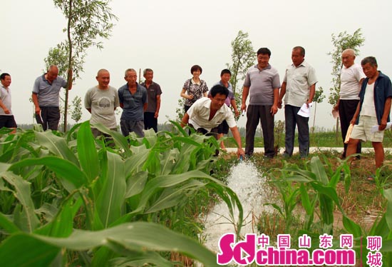 農(nóng)民看著灌溉水流出，紛紛拍手叫好